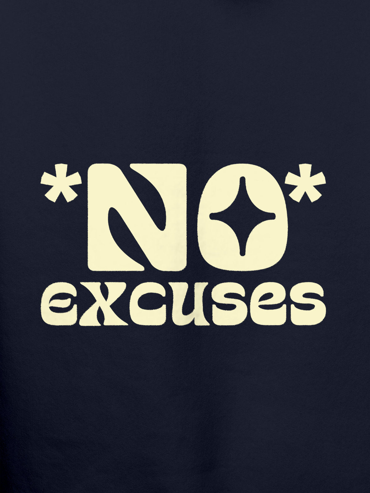 Close up of 'No Excuses' design on Men's Navy Blue Hoodie Sweatshirt, highlighting intricate details and vibrant print.