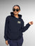 Model wearing Women's Navy Blue Hoodie Sweatshirt with 'No Excuses' design, offering effortless style and premium comfort