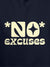 Close up of 'No Excuses' design on Women's Navy Blue Hoodie Sweatshirt, highlighting intricate details and vibrant print.