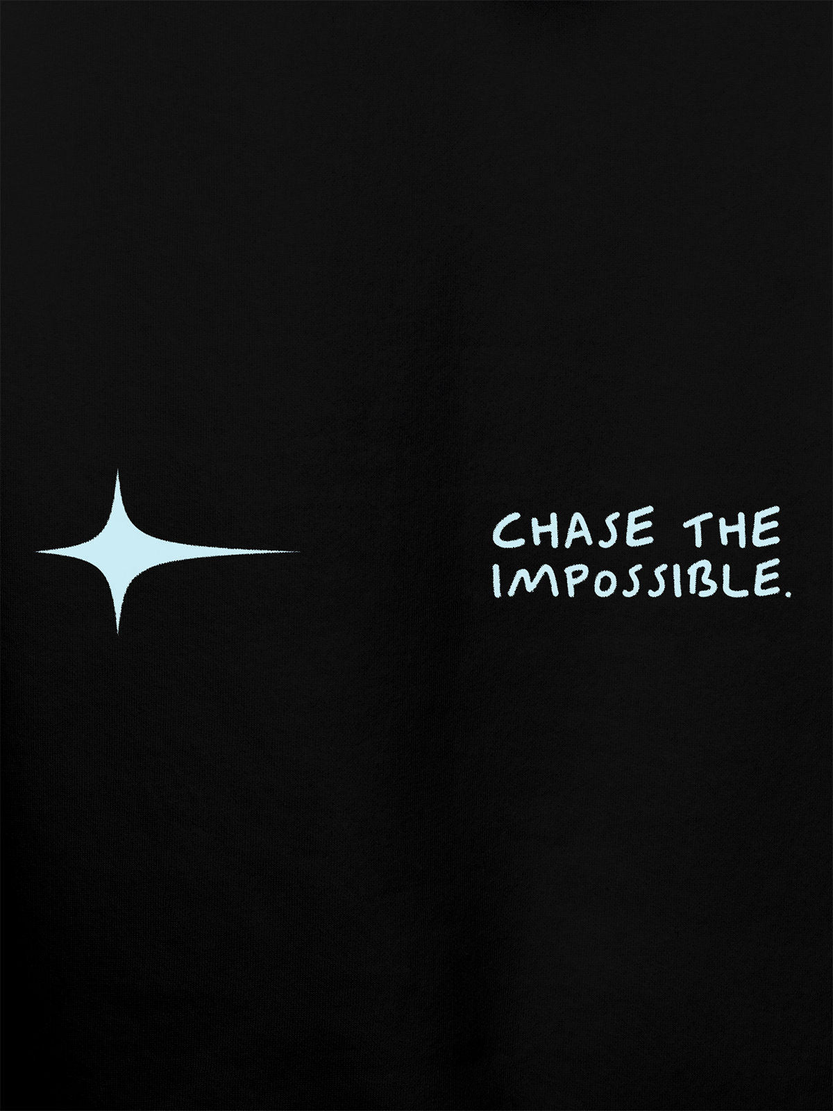 Close up of 'Chase The Impossible' design on Women's Black Hoodie Sweatshirt, highlighting intricate details and vibrant print.