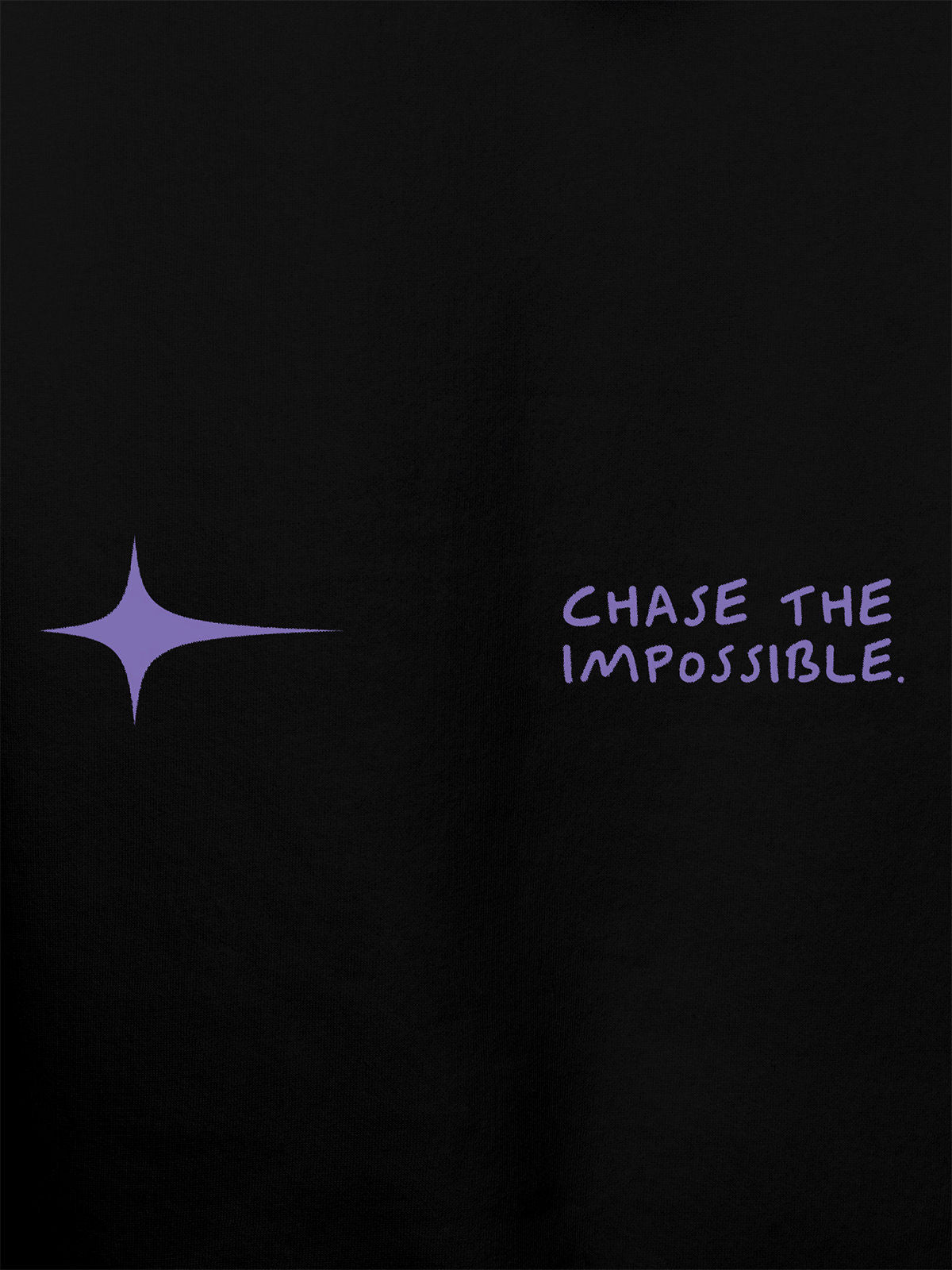Close up of 'Chase The Impossible' design on Women's Black Hoodie Sweatshirt, highlighting intricate details and vibrant print.