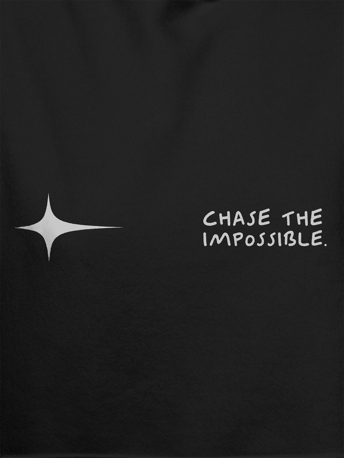 Close up of 'Chase The Impossible' design on Men's Dark Grey Hoodie Sweatshirt, highlighting intricate details and vibrant print.