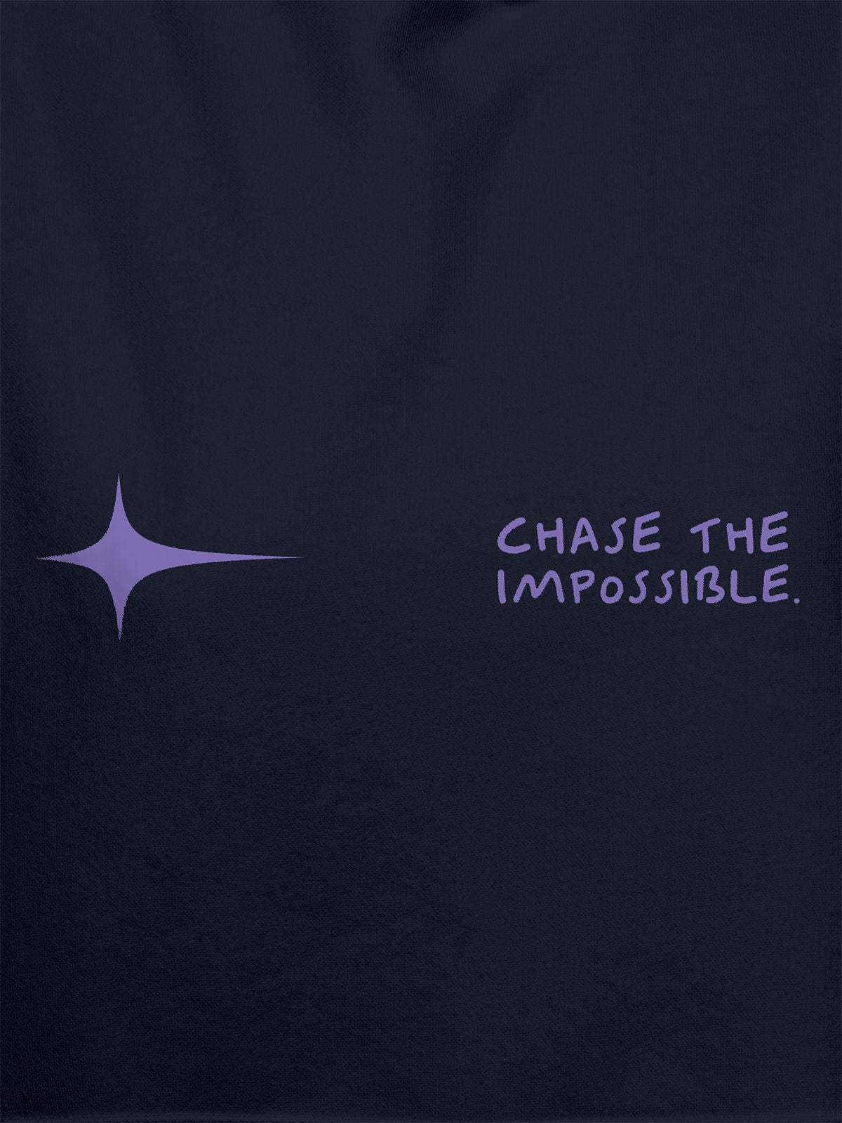 Close up of 'Chase The Impossible' design on Men's Navy Blue Hoodie Sweatshirt, highlighting intricate details and vibrant print.