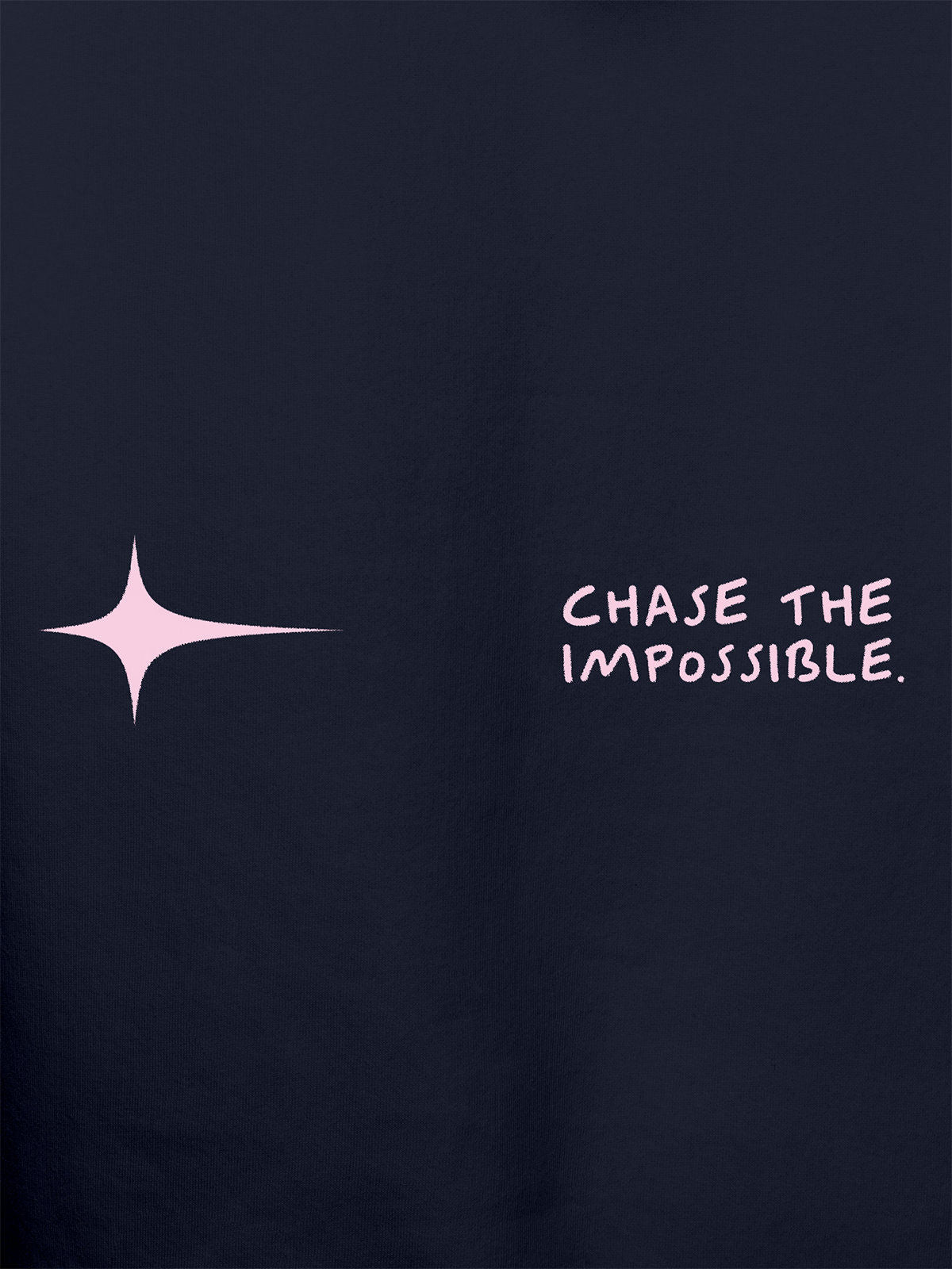 Close up of 'Chase The Impossible' design on Women's Navy Blue Hoodie Sweatshirt, highlighting intricate details and vibrant print.
