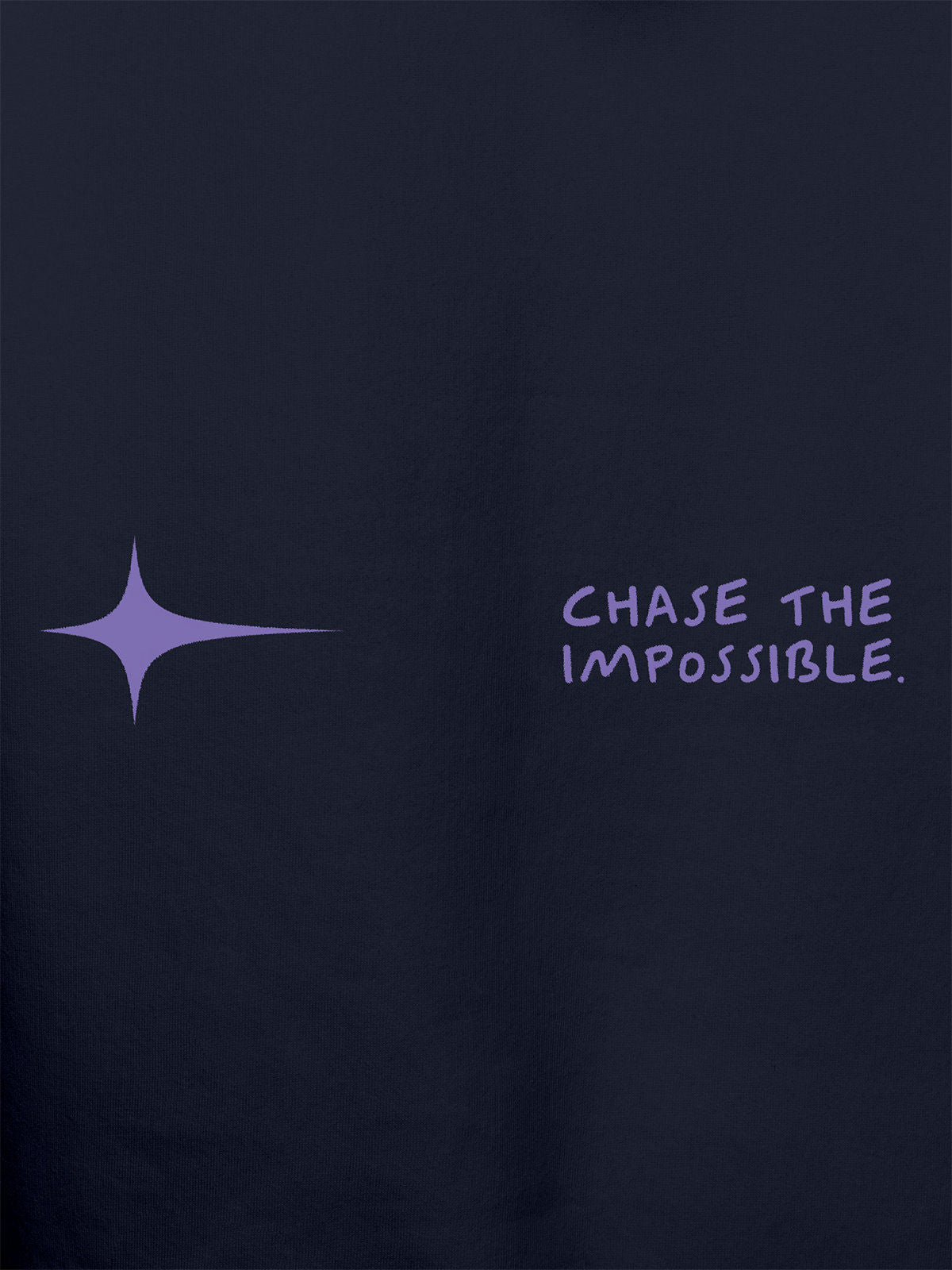 Close up of 'Chase The Impossible' design on Women's Navy Blue Hoodie Sweatshirt, highlighting intricate details and vibrant print.
