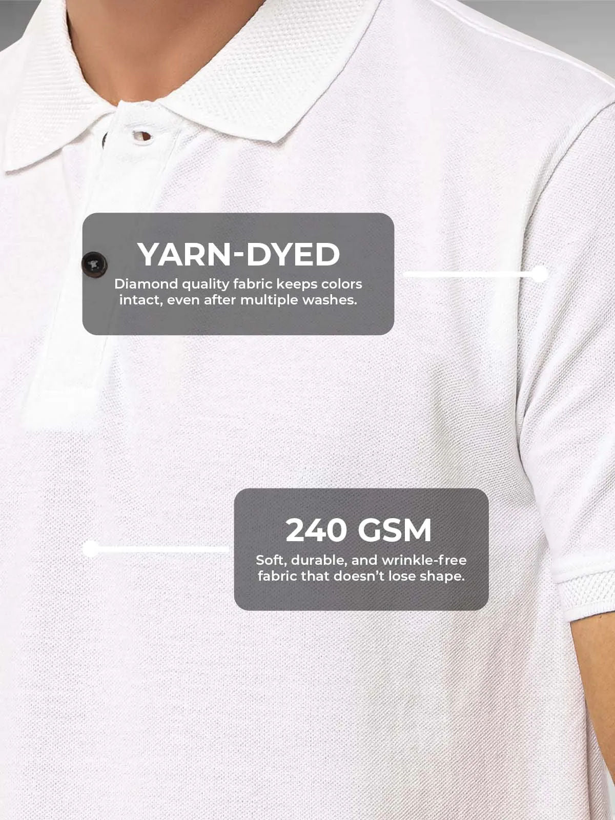 Men's White Polo T-shirt made of 240 GSM strong, wrinkle-resistant fabric that doesn't lose color or shape.