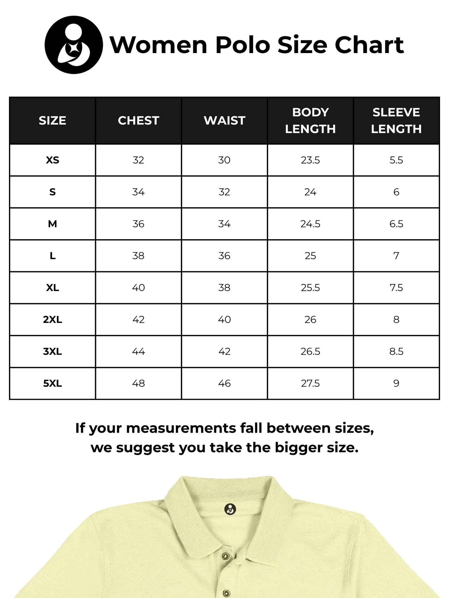 Size chart for Fighterhero Women's Yellow Polo T-shirt with 'Empowered' design
