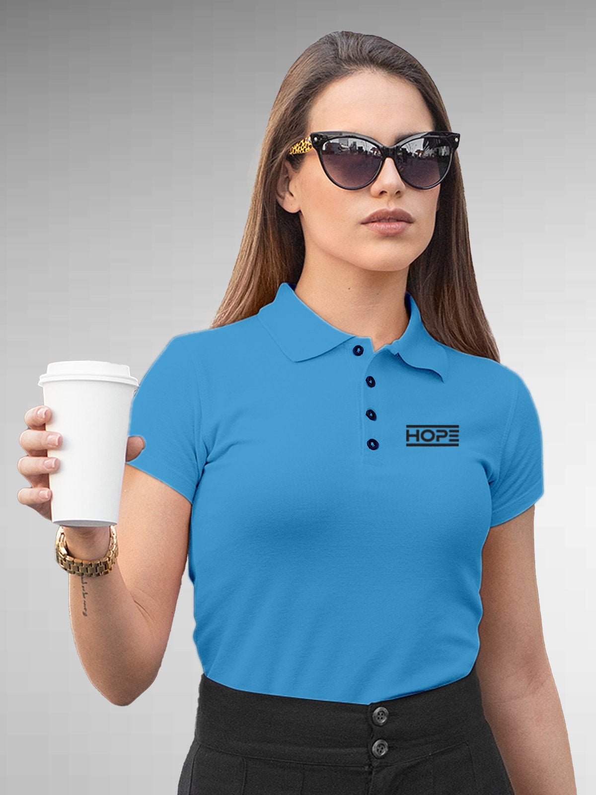 Model wearing Women's Blue Polo T-shirt with 'Hope' design, offering effortless style and premium comfort