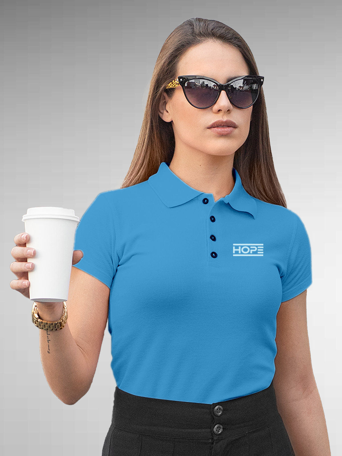 Model wearing Women's Blue Polo T-shirt with 'Hope' design, offering effortless style and premium comfort