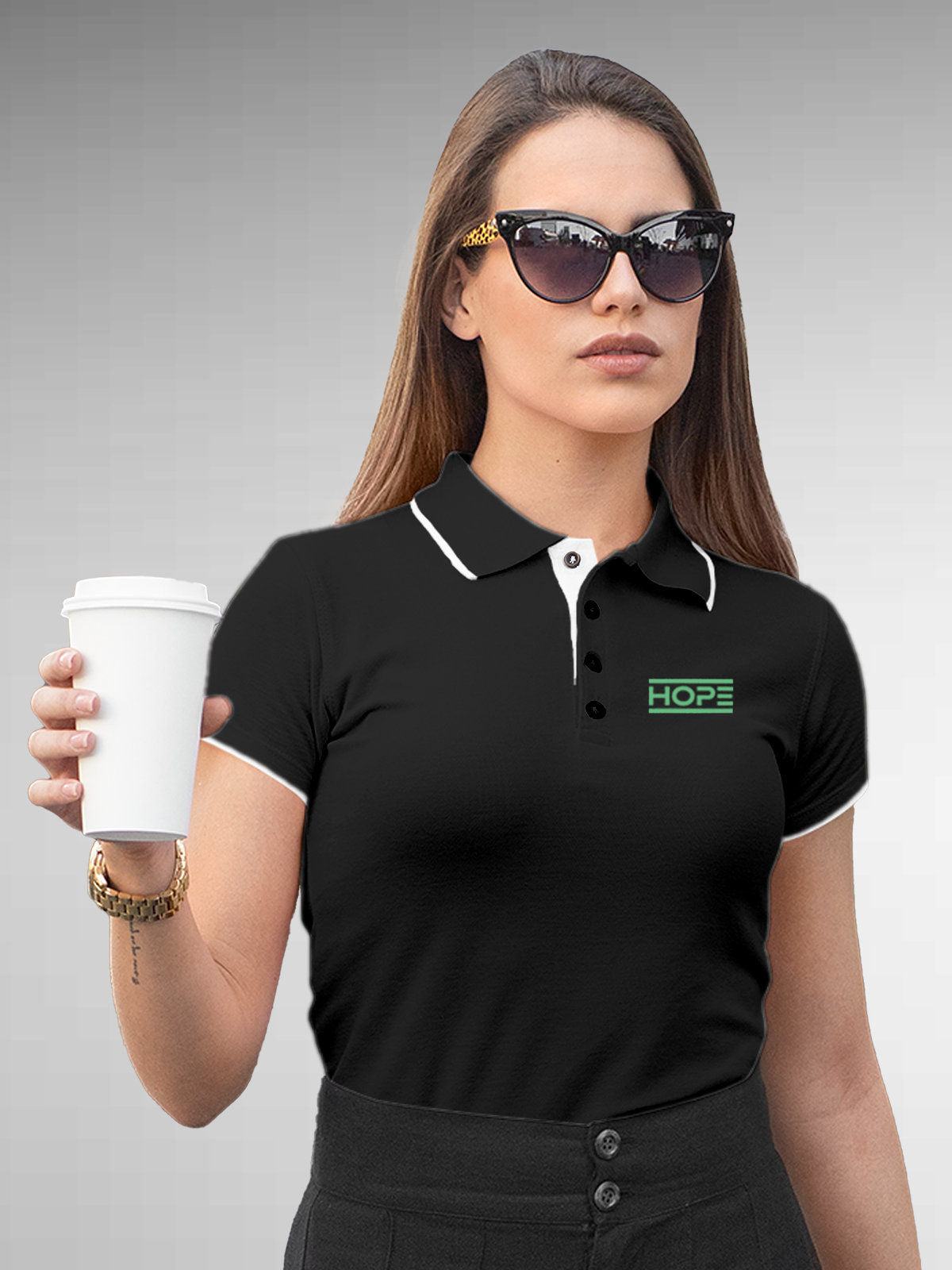 Model wearing Women's Dark Grey Polo T-shirt with 'Hope' design, offering effortless style and premium comfort
