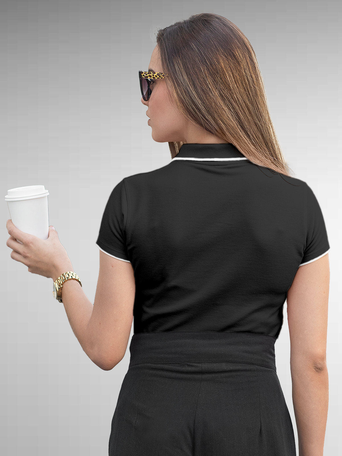 Back view of Fighterhero Women's Dark Grey Polo T-shirt, highlighting the modern look and clean finish