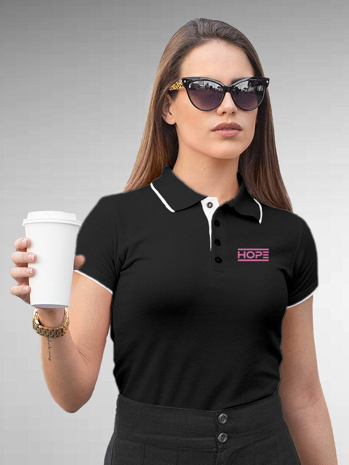 Model wearing Women's Dark Grey Polo T-shirt with 'Hope' design, offering effortless style and premium comfort