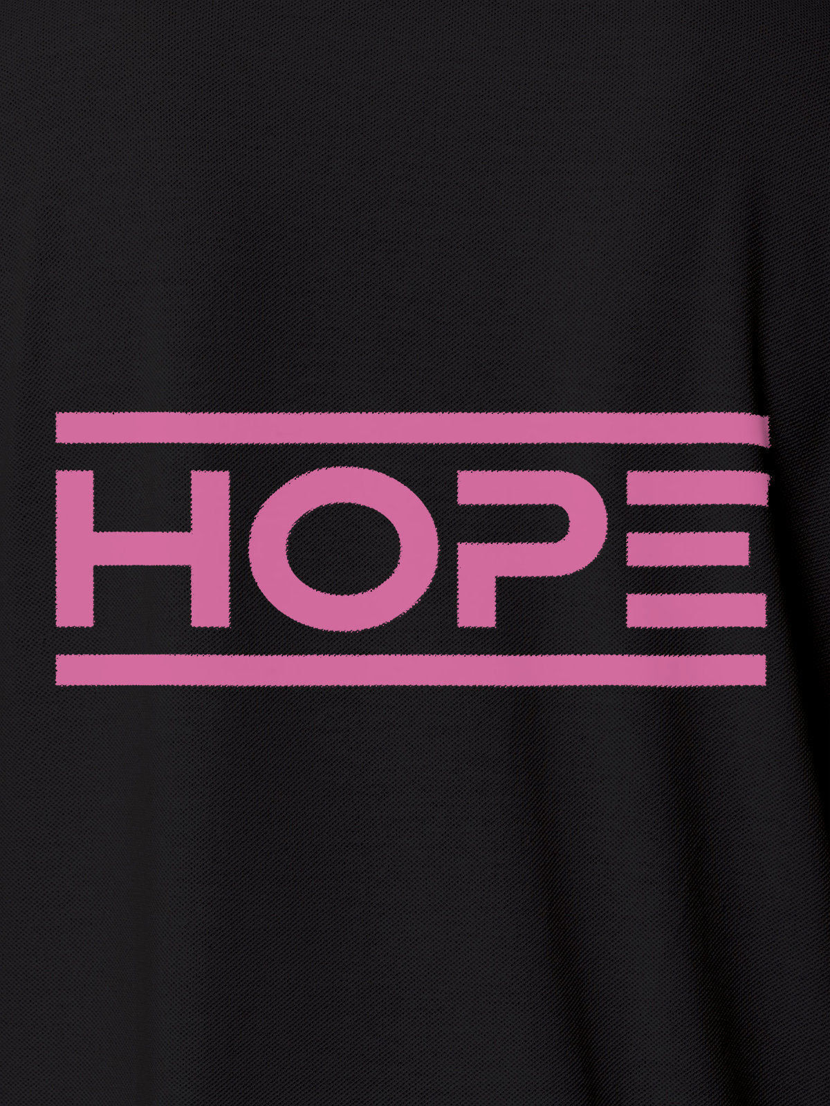 Close up of 'Hope' design on Women's Dark Grey Polo T-shirt, highlighting intricate details and vibrant print.