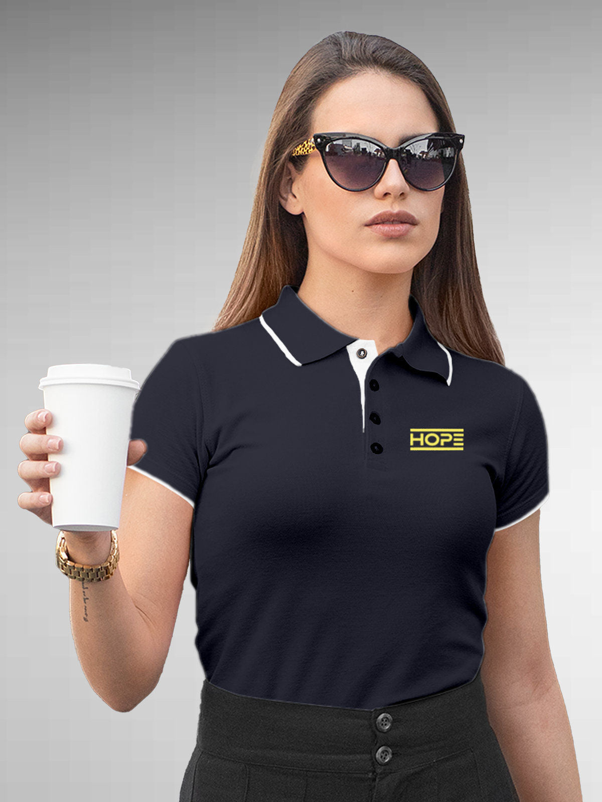 Model wearing Women's Navy Blue Polo T-shirt with 'Hope' design, offering effortless style and premium comfort