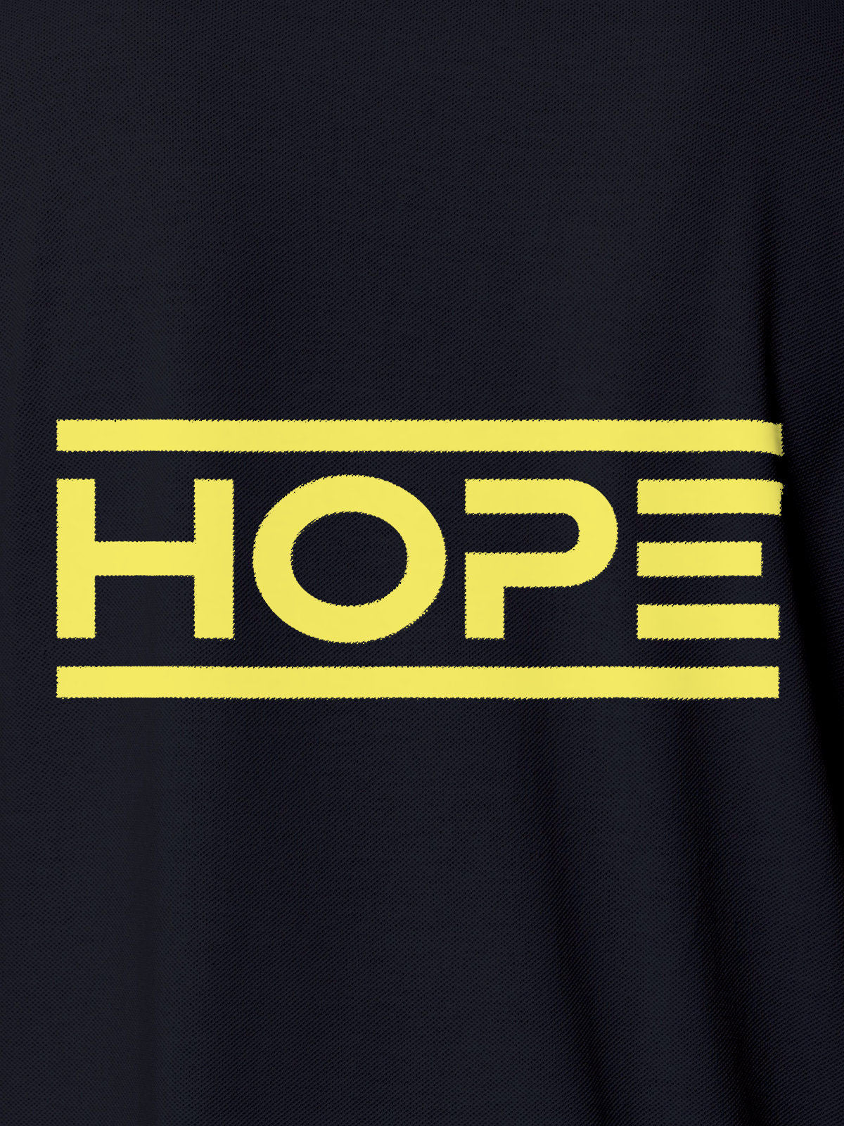 Close up of 'Hope' design on Women's Navy Blue Polo T-shirt, highlighting intricate details and vibrant print.