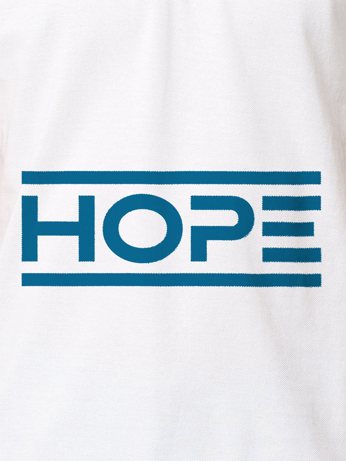 Close up of 'Hope' design on Men's White Polo T-shirt, highlighting intricate details and vibrant print.