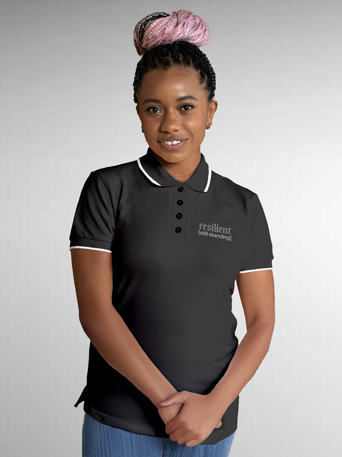 Model wearing Women's Dark Grey Polo T-shirt with 'Resilient' design, offering effortless style and premium comfort