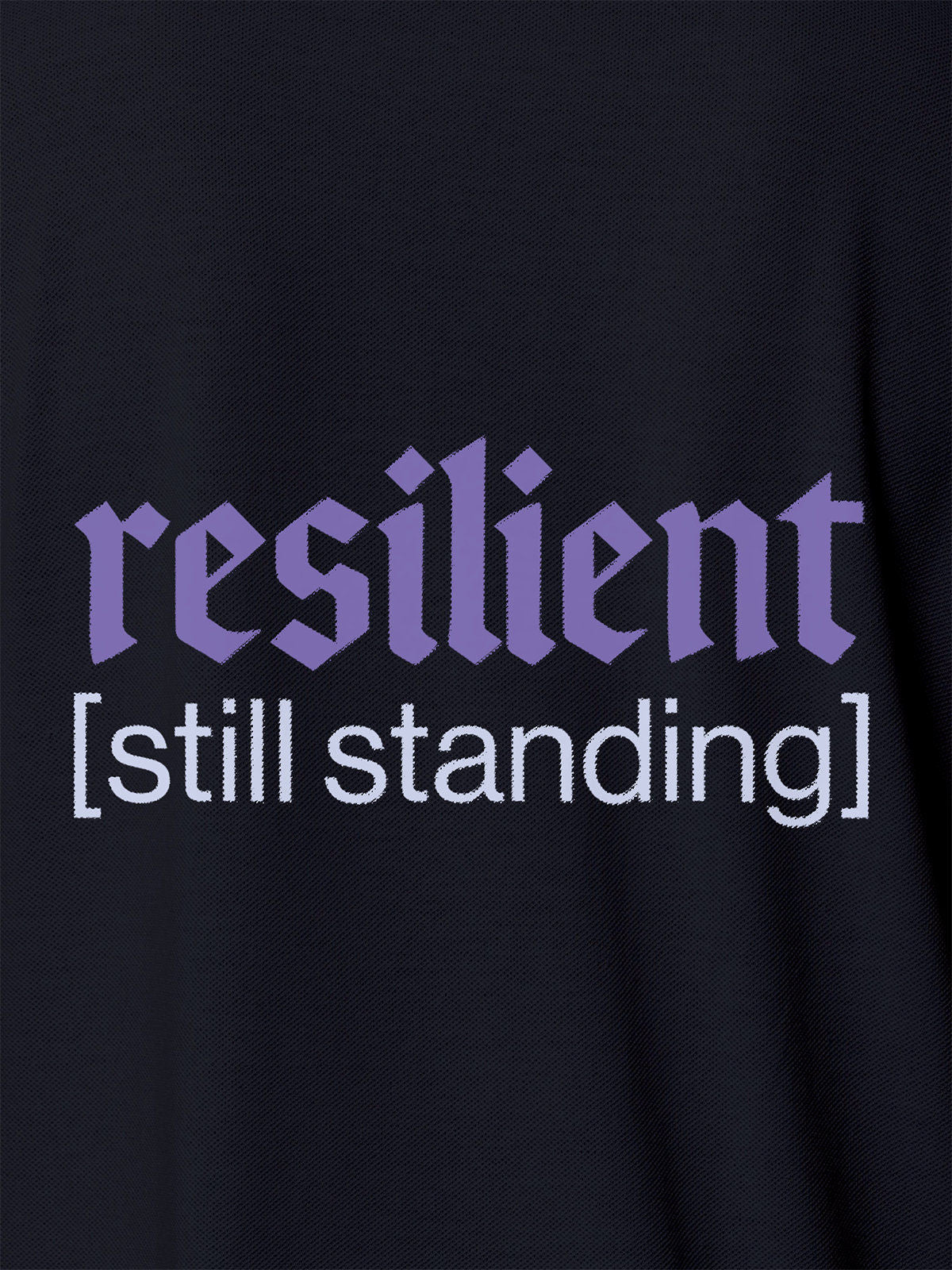 Close up of 'Resilient' design on Men's Navy Blue Polo T-shirt, highlighting intricate details and vibrant print.