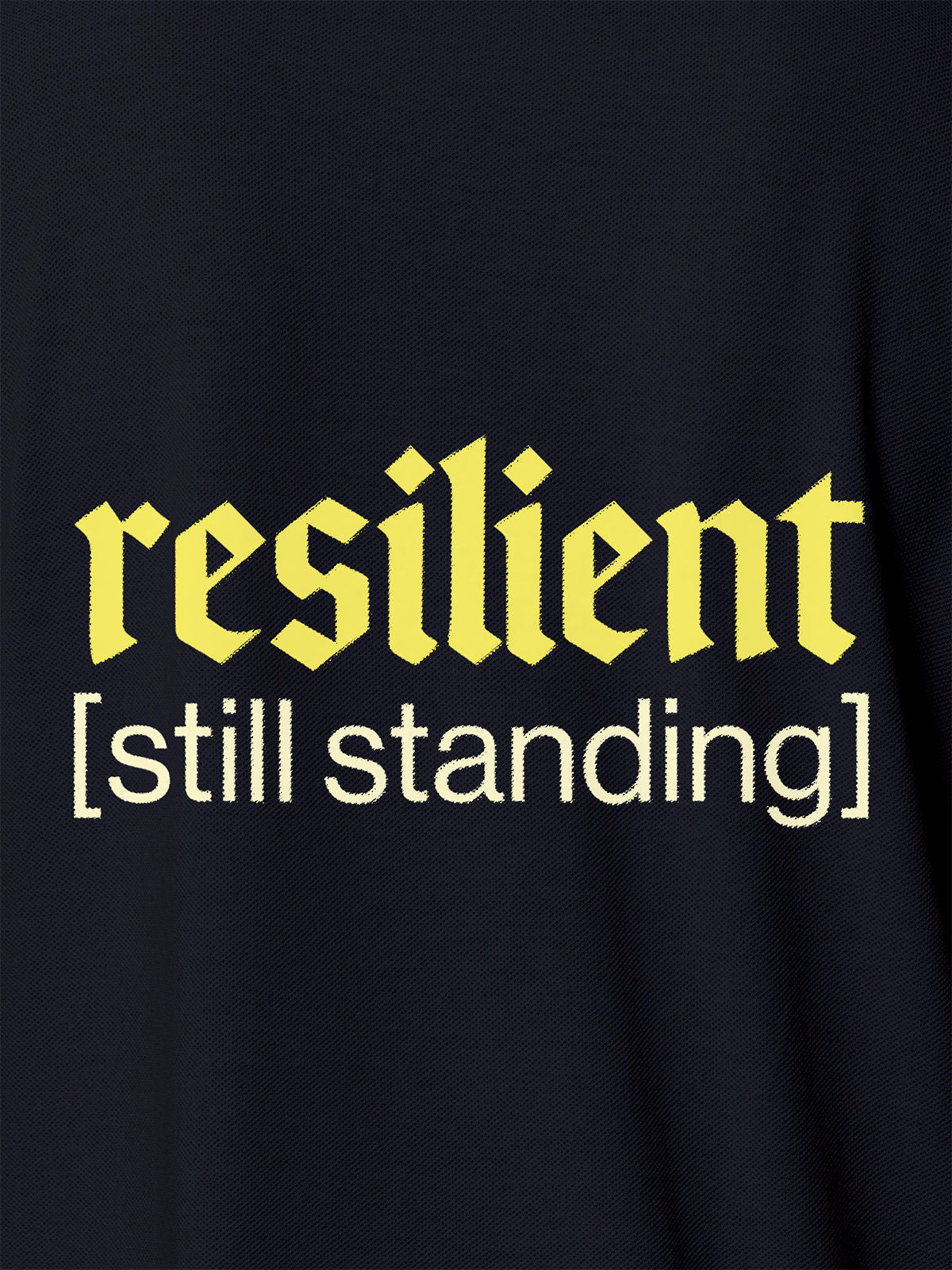 Close up of 'Resilient' design on Men's Navy Blue Polo T-shirt, highlighting intricate details and vibrant print.