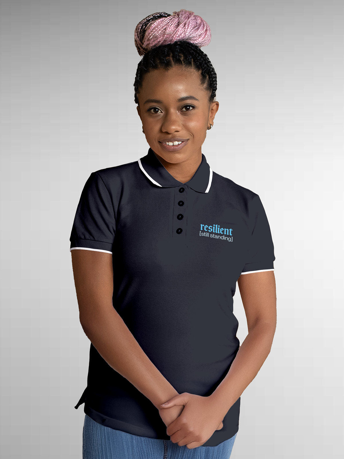 Model wearing Women's Navy Blue Polo T-shirt with 'Resilient' design, offering effortless style and premium comfort
