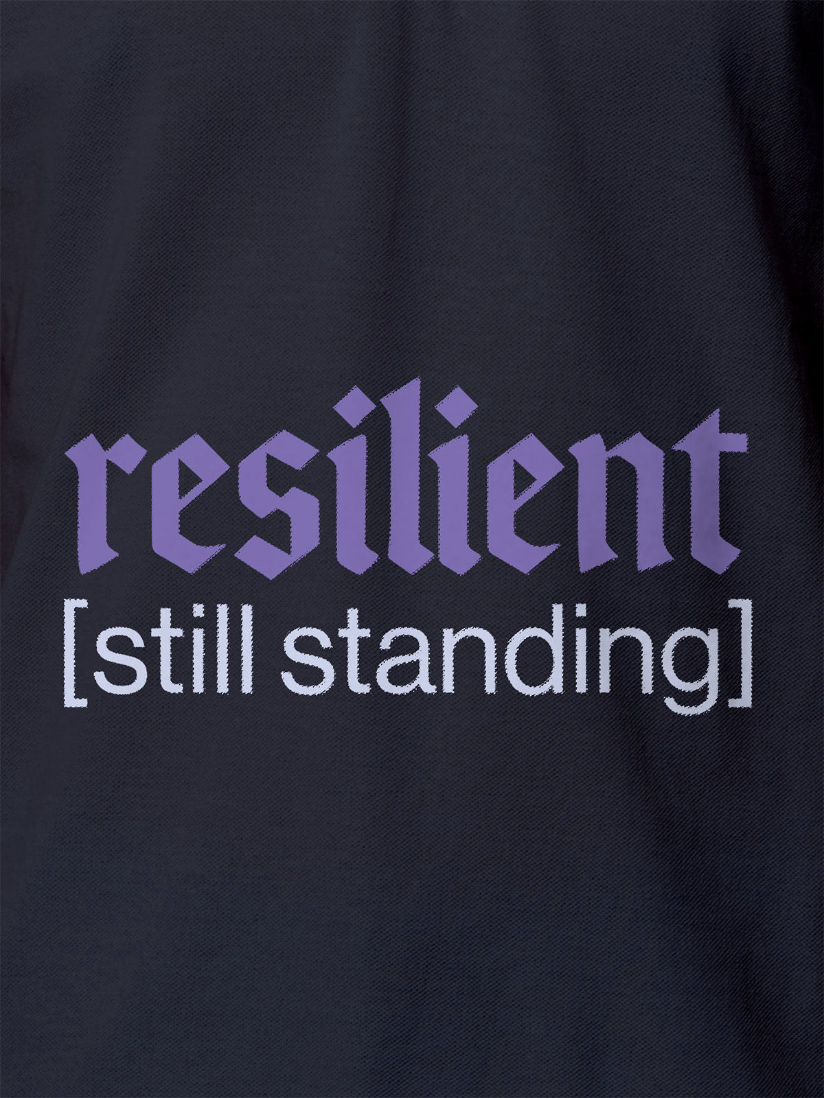 Close up of 'Resilient' design on Women's Navy Blue Polo T-shirt, highlighting intricate details and vibrant print.