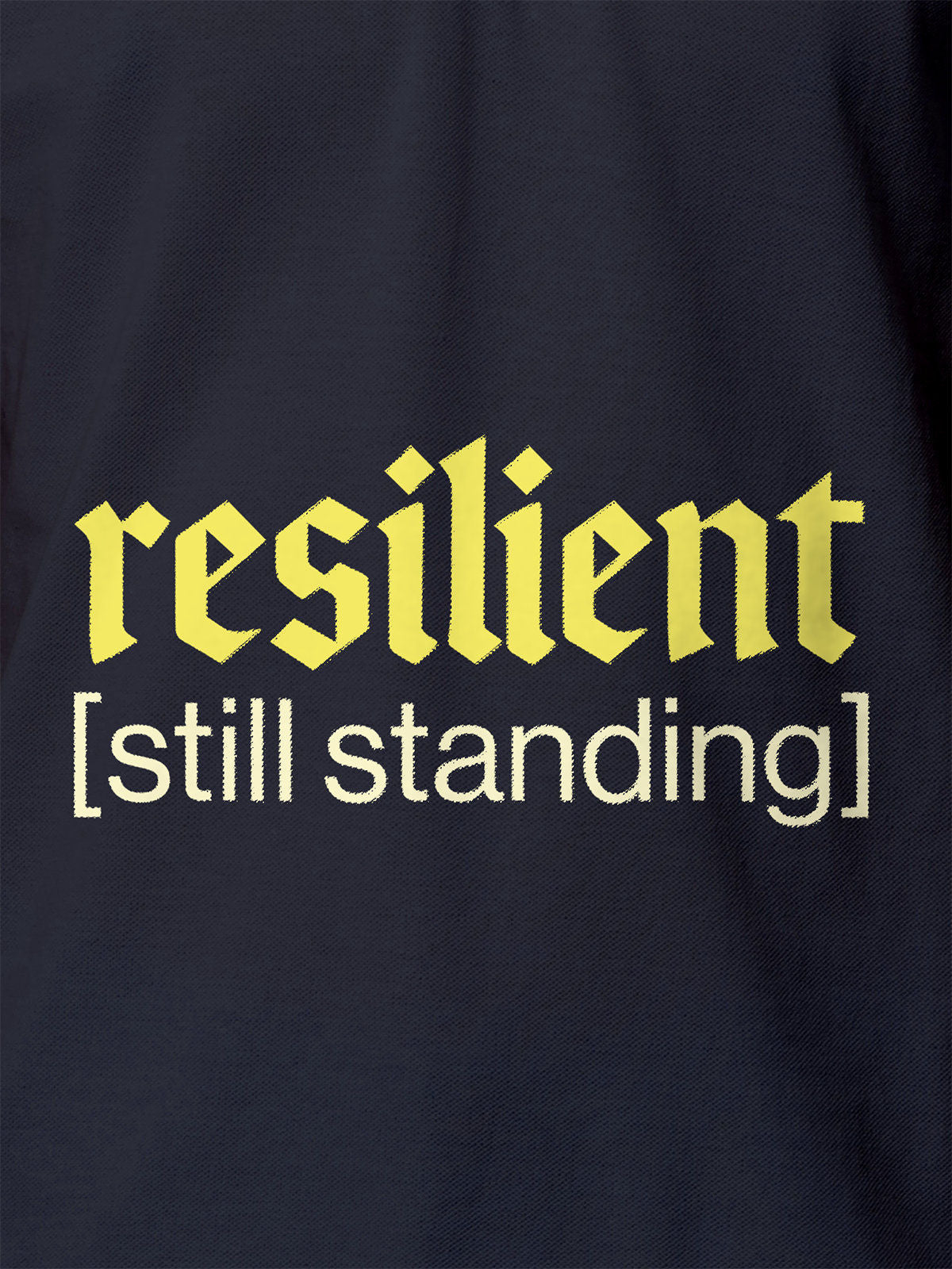 Close up of 'Resilient' design on Women's Navy Blue Polo T-shirt, highlighting intricate details and vibrant print.
