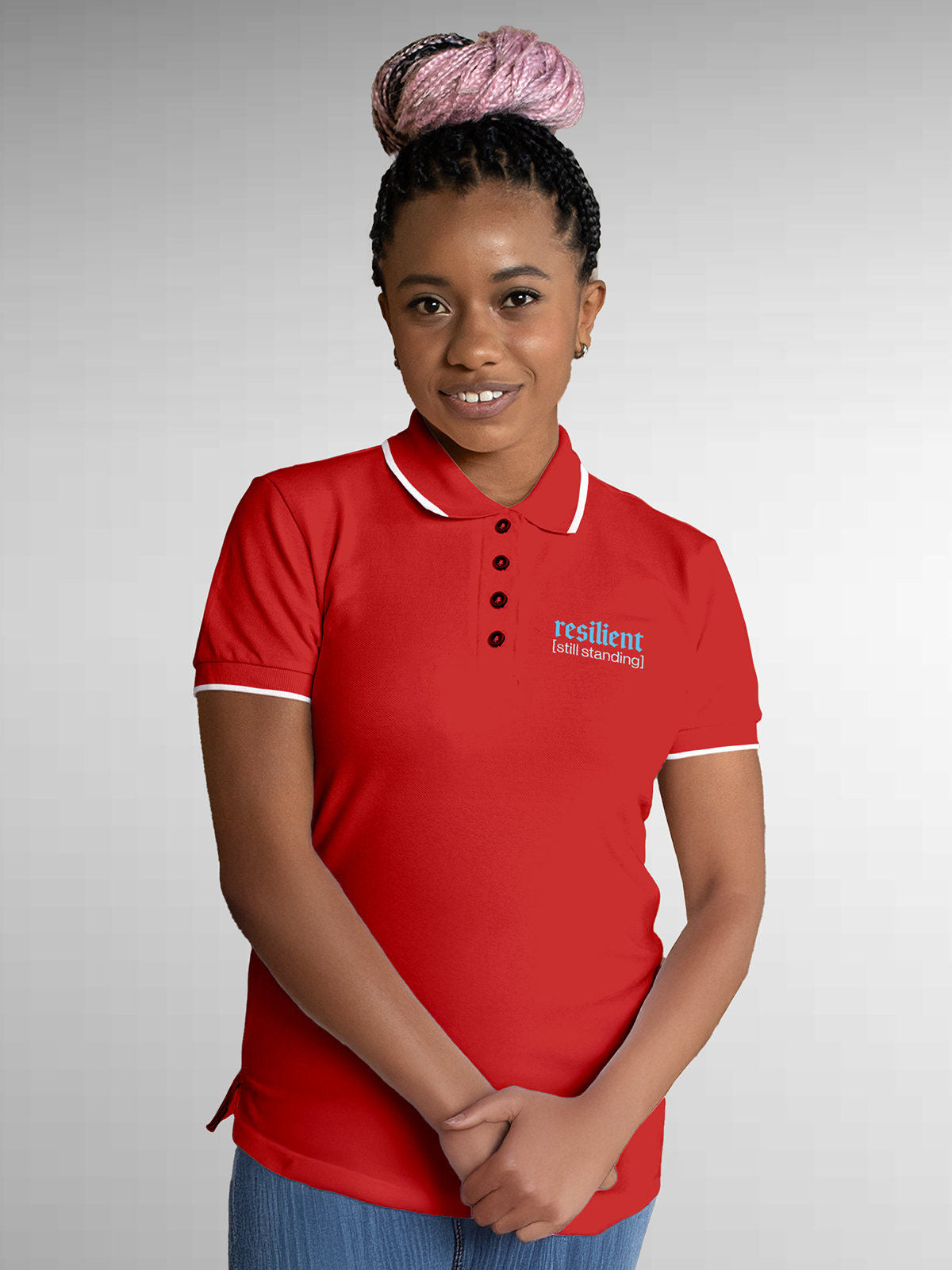 Model wearing Women's Red Polo T-shirt with 'Resilient' design, offering effortless style and premium comfort