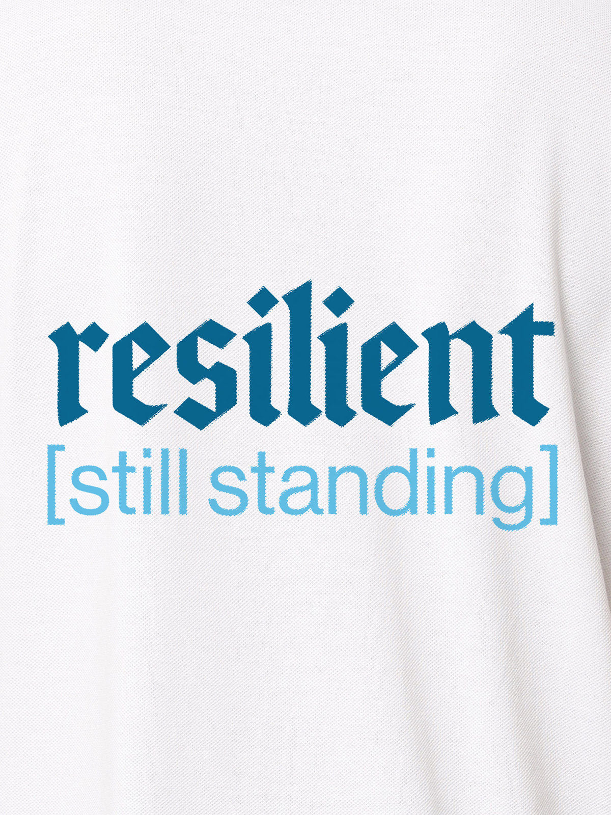 Close up of 'Resilient' design on Men's White Polo T-shirt, highlighting intricate details and vibrant print.