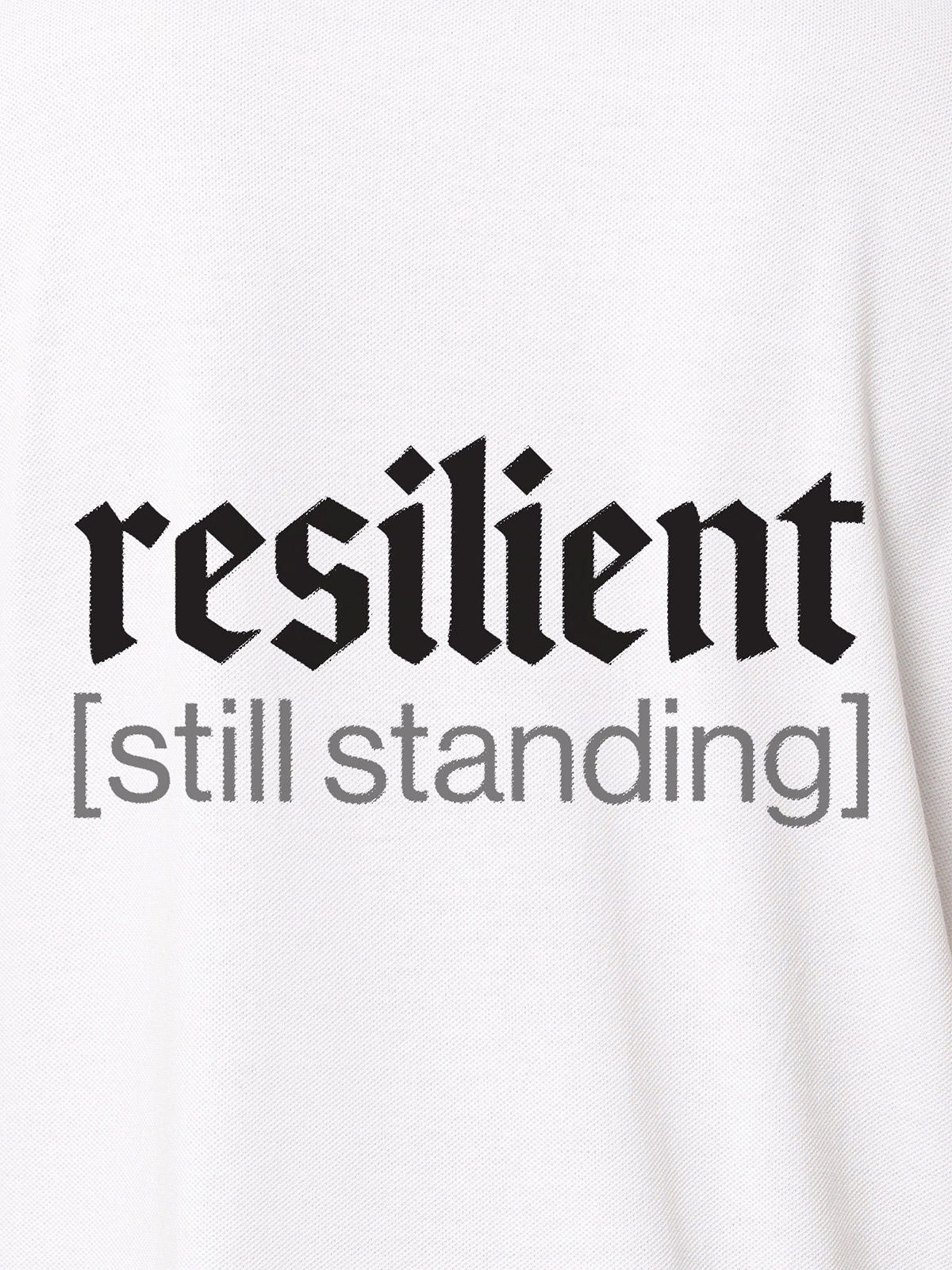 Close up of 'Resilient' design on Men's White Polo T-shirt, highlighting intricate details and vibrant print.