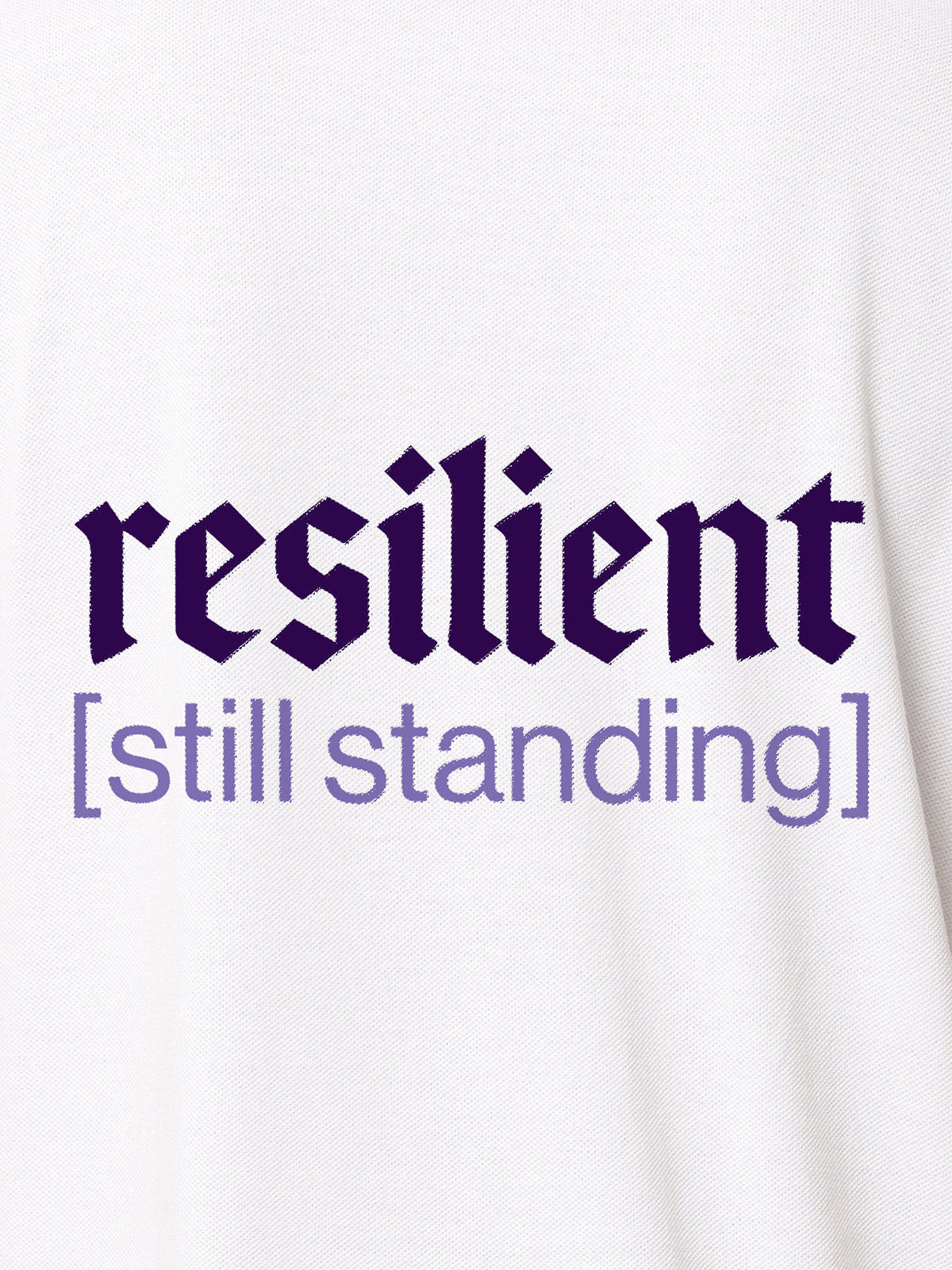 Close up of 'Resilient' design on Men's White Polo T-shirt, highlighting intricate details and vibrant print.