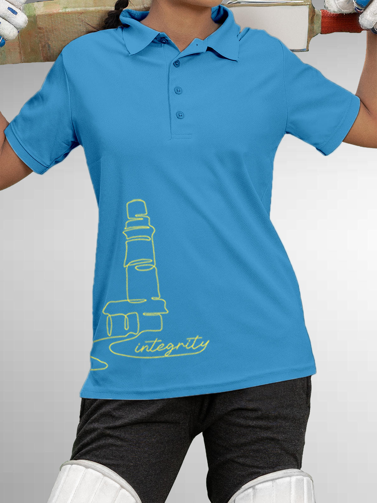 Model wearing Women's Blue Polo T-shirt with 'Integrity' design, offering effortless style and premium comfort