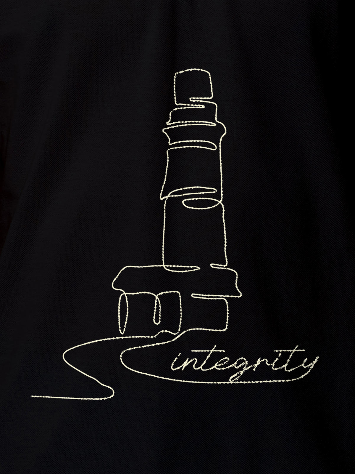Close up of 'Integrity' design on Men's Black Polo T-shirt, highlighting intricate details and vibrant print.