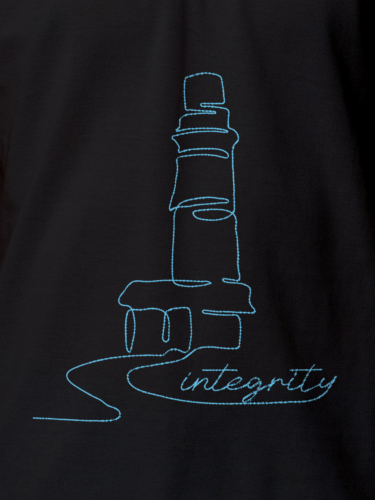 Close up of 'Integrity' design on Men's Dark Grey Polo T-shirt, highlighting intricate details and vibrant print.