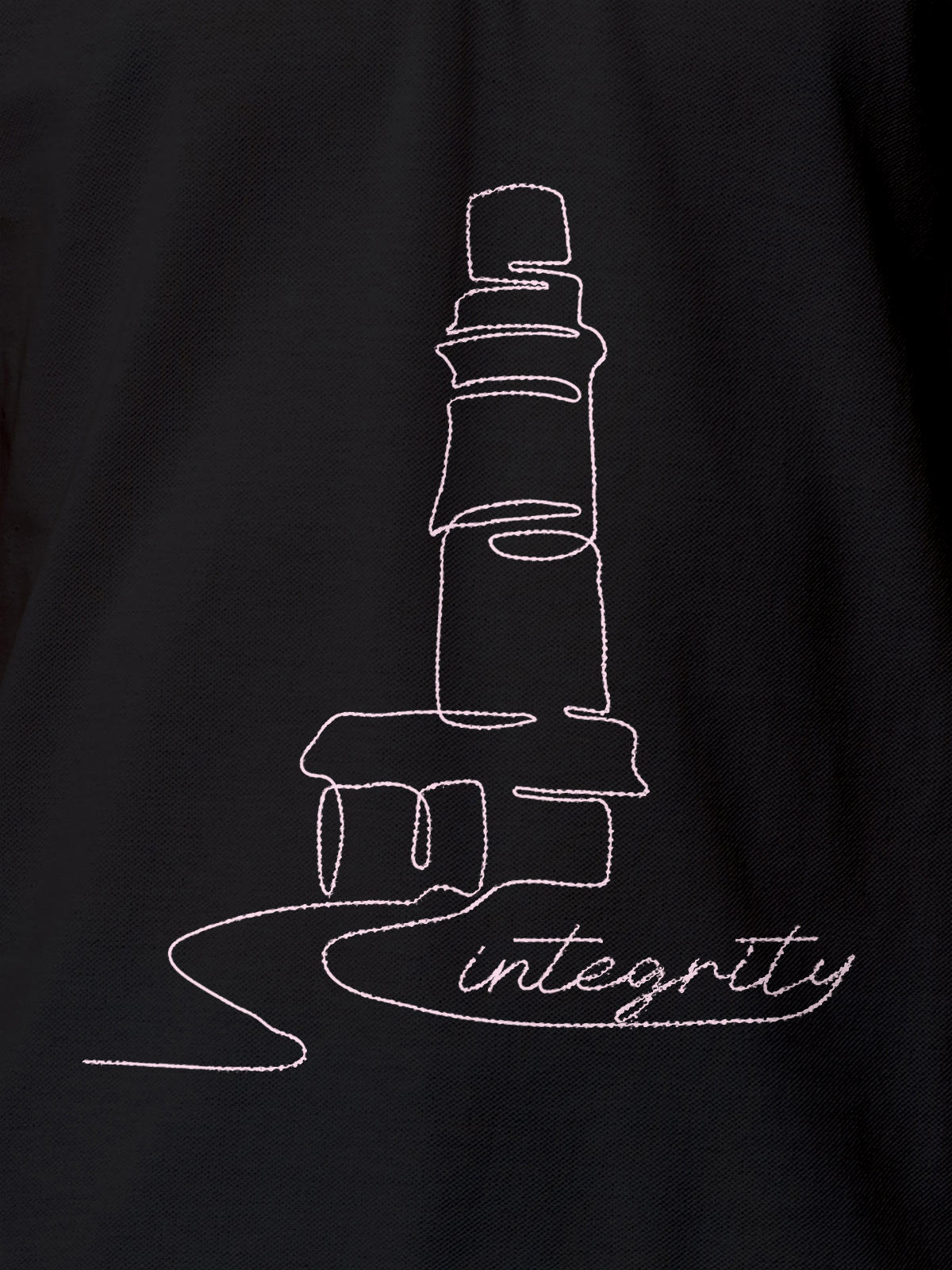 Close up of 'Integrity' design on Men's Dark Grey Polo T-shirt, highlighting intricate details and vibrant print.