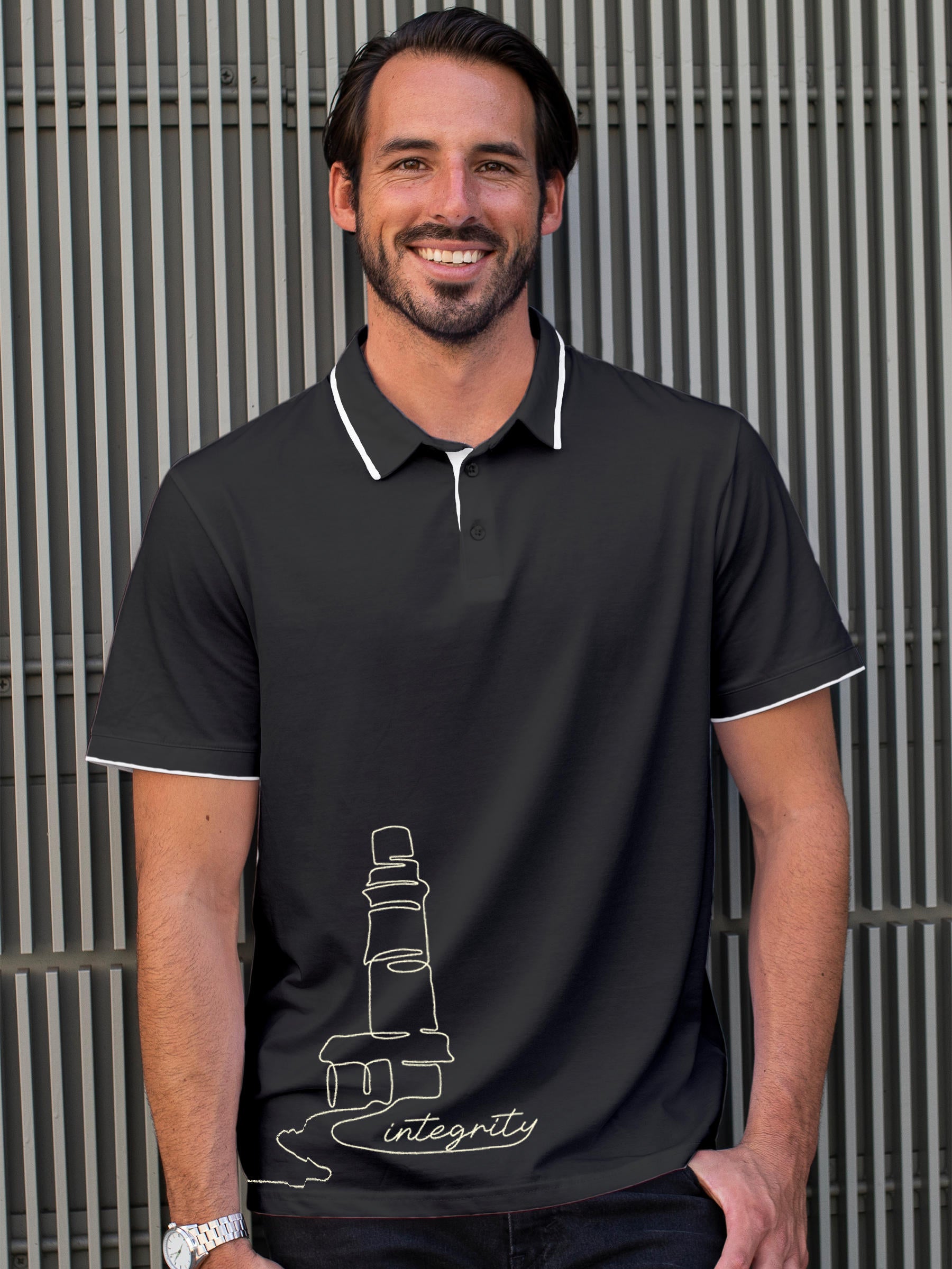 Model wearing Men's Dark Grey Polo T-shirt with 'Integrity' design, offering effortless style and premium comfort