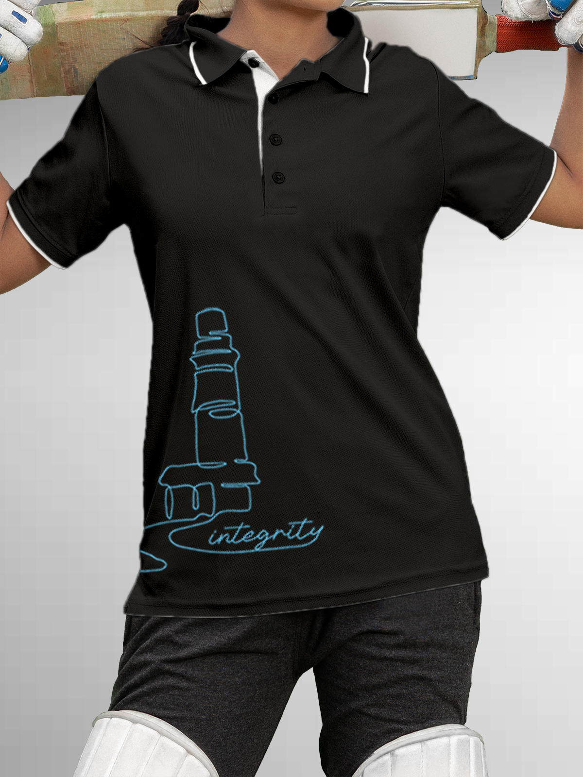 Model wearing Women's Dark Grey Polo T-shirt with 'Integrity' design, offering effortless style and premium comfort