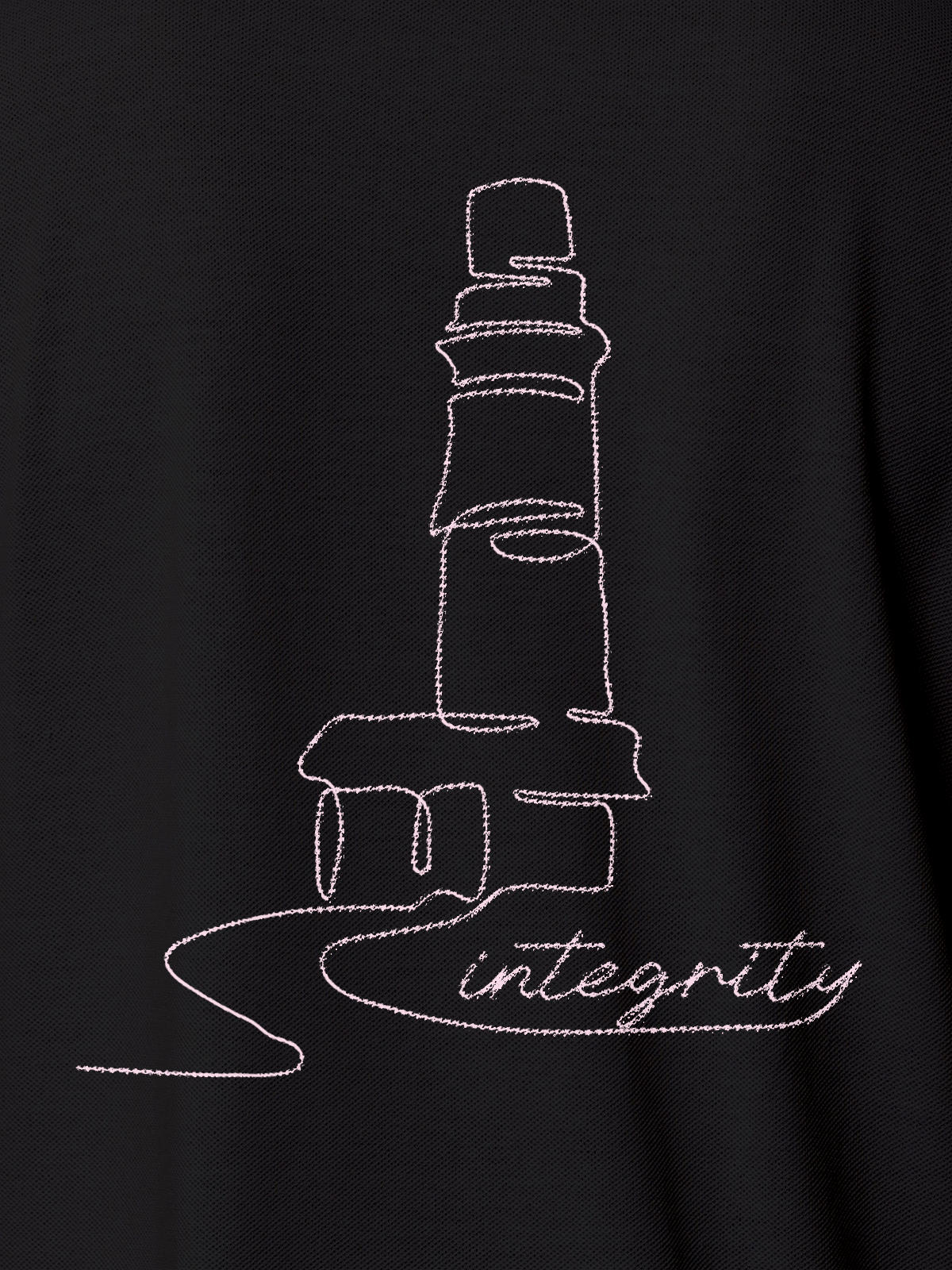 Close up of 'Integrity' design on Women's Dark Grey Polo T-shirt, highlighting intricate details and vibrant print.