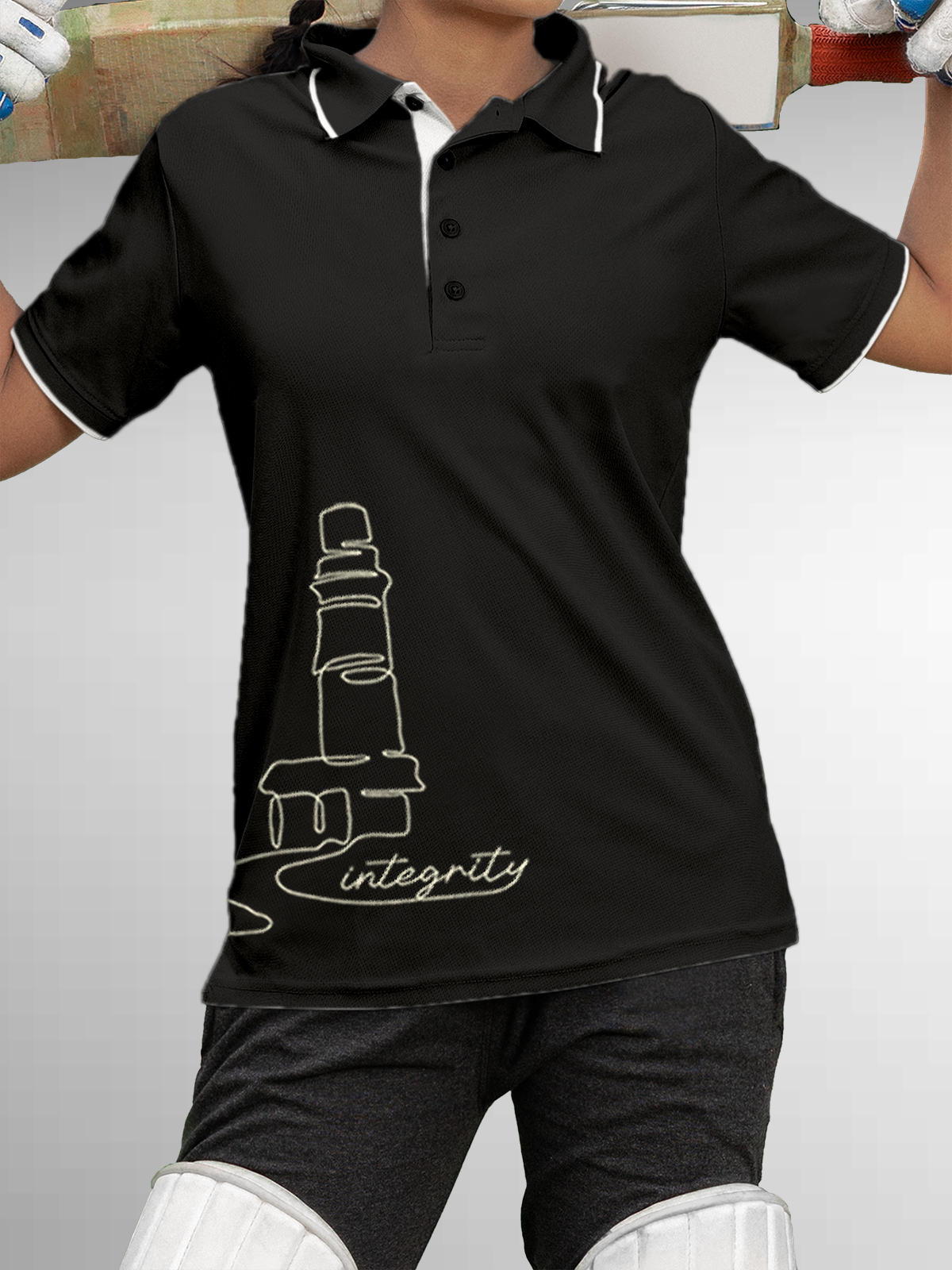 Model wearing Women's Dark Grey Polo T-shirt with 'Integrity' design, offering effortless style and premium comfort