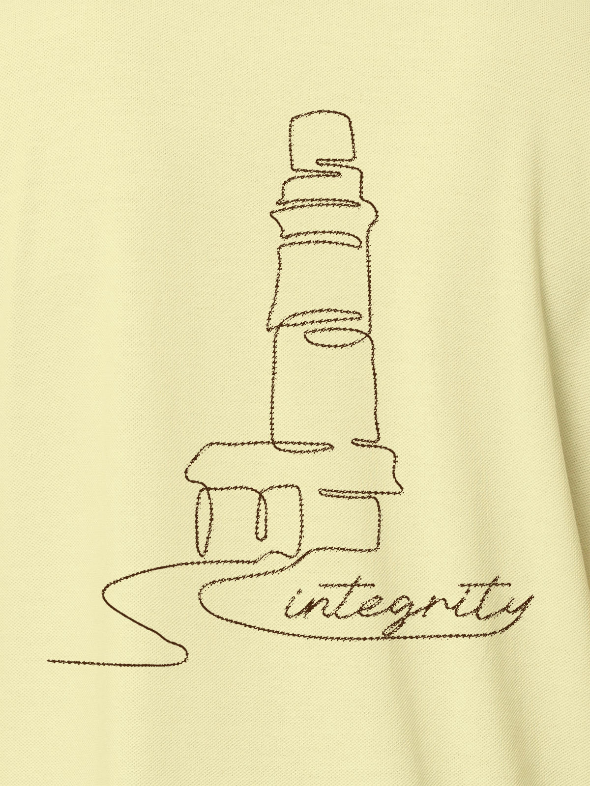 Close up of 'Integrity' design on Women's Yellow Polo T-shirt, highlighting intricate details and vibrant print.