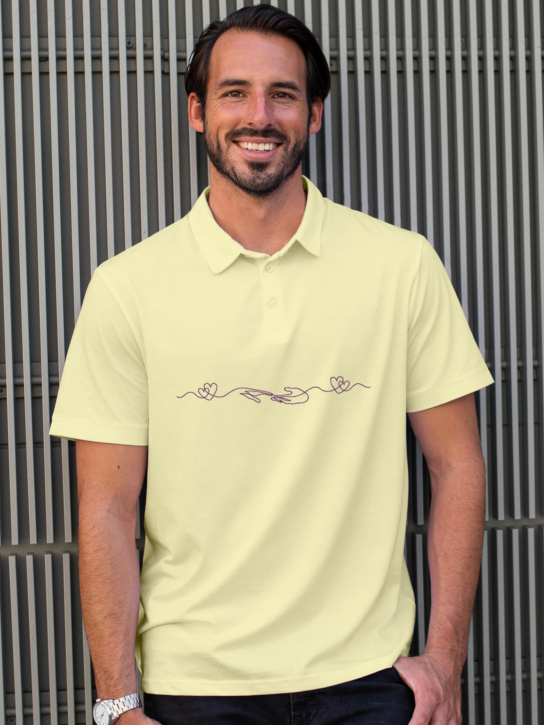 Model wearing Men's Yellow Polo T-shirt with 'Empathy' design, offering effortless style and premium comfort