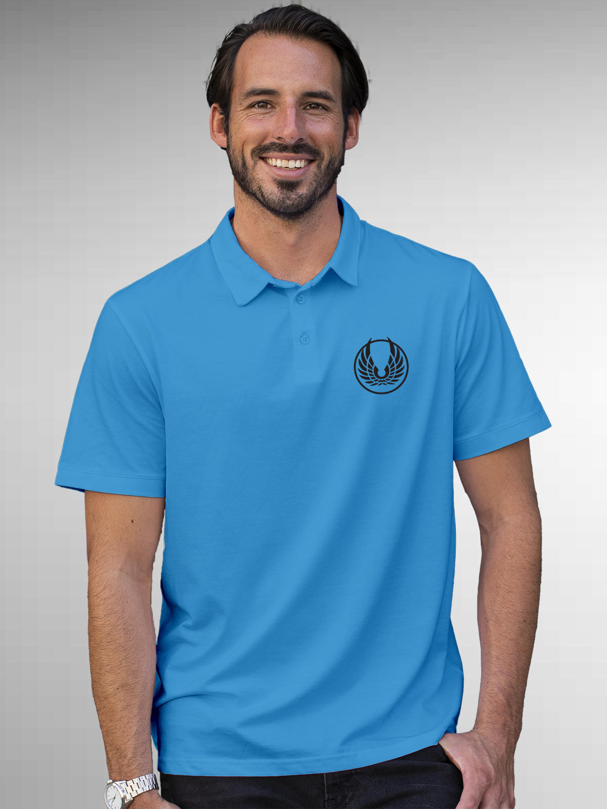 Model wearing Men's Blue Polo T-shirt with 'Free' design, offering effortless style and premium comfort