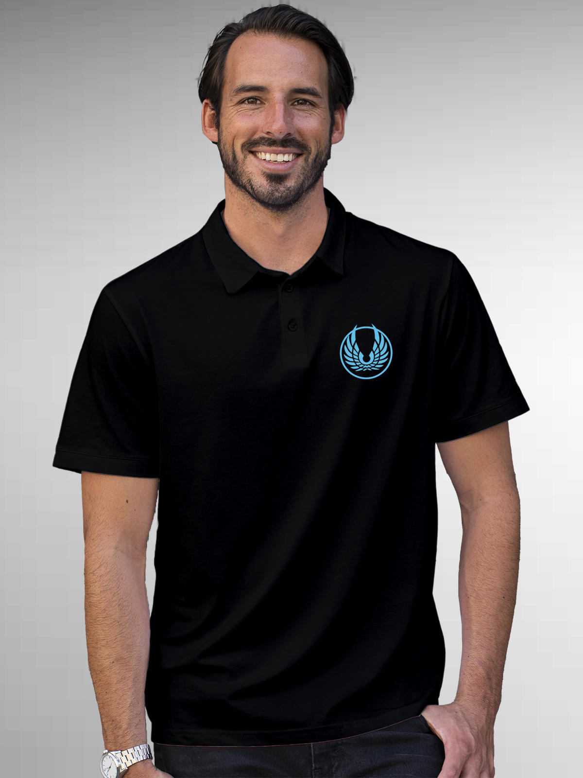 Model wearing Men's Black Polo T-shirt with 'Free' design, offering effortless style and premium comfort