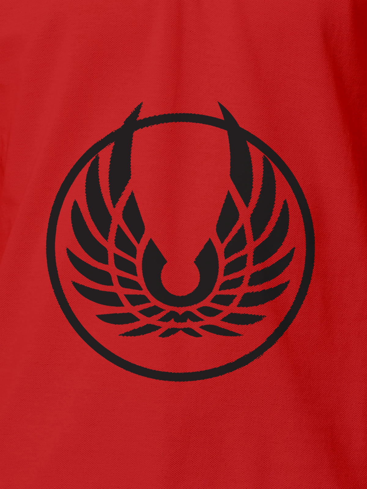 Close up of 'Free' design on Men's Red Polo T-shirt, highlighting intricate details and vibrant print.