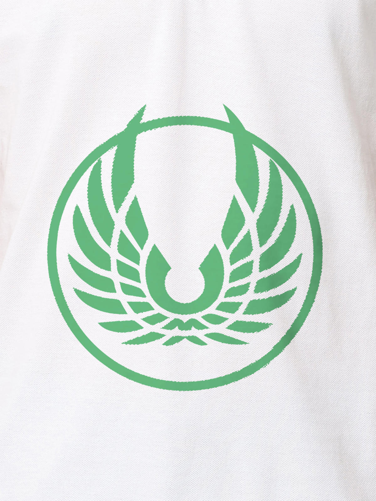 Close up of 'Free' design on Men's White Polo T-shirt, highlighting intricate details and vibrant print.