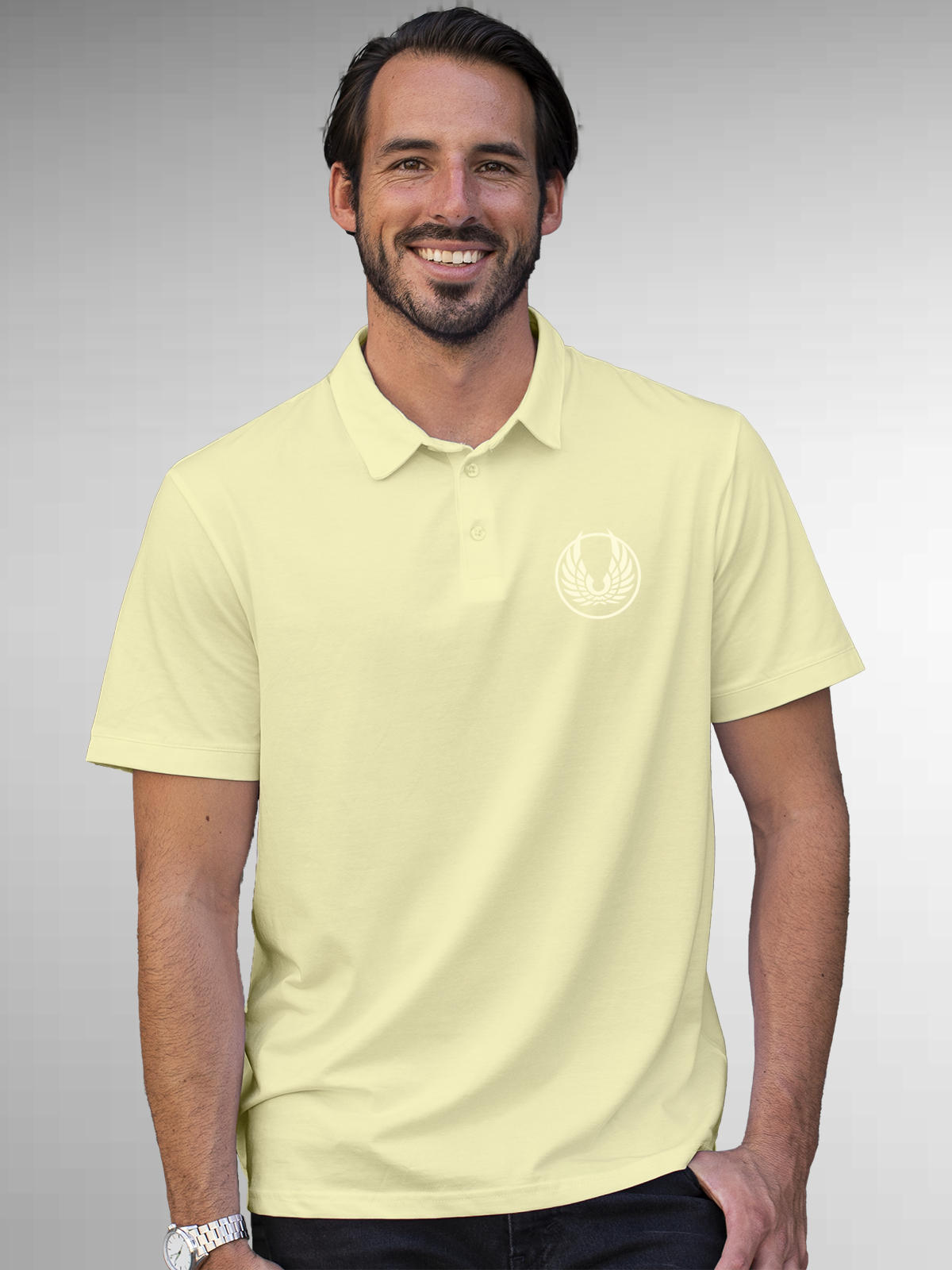 Model wearing Men's Yellow Polo T-shirt with 'Free' design, offering effortless style and premium comfort