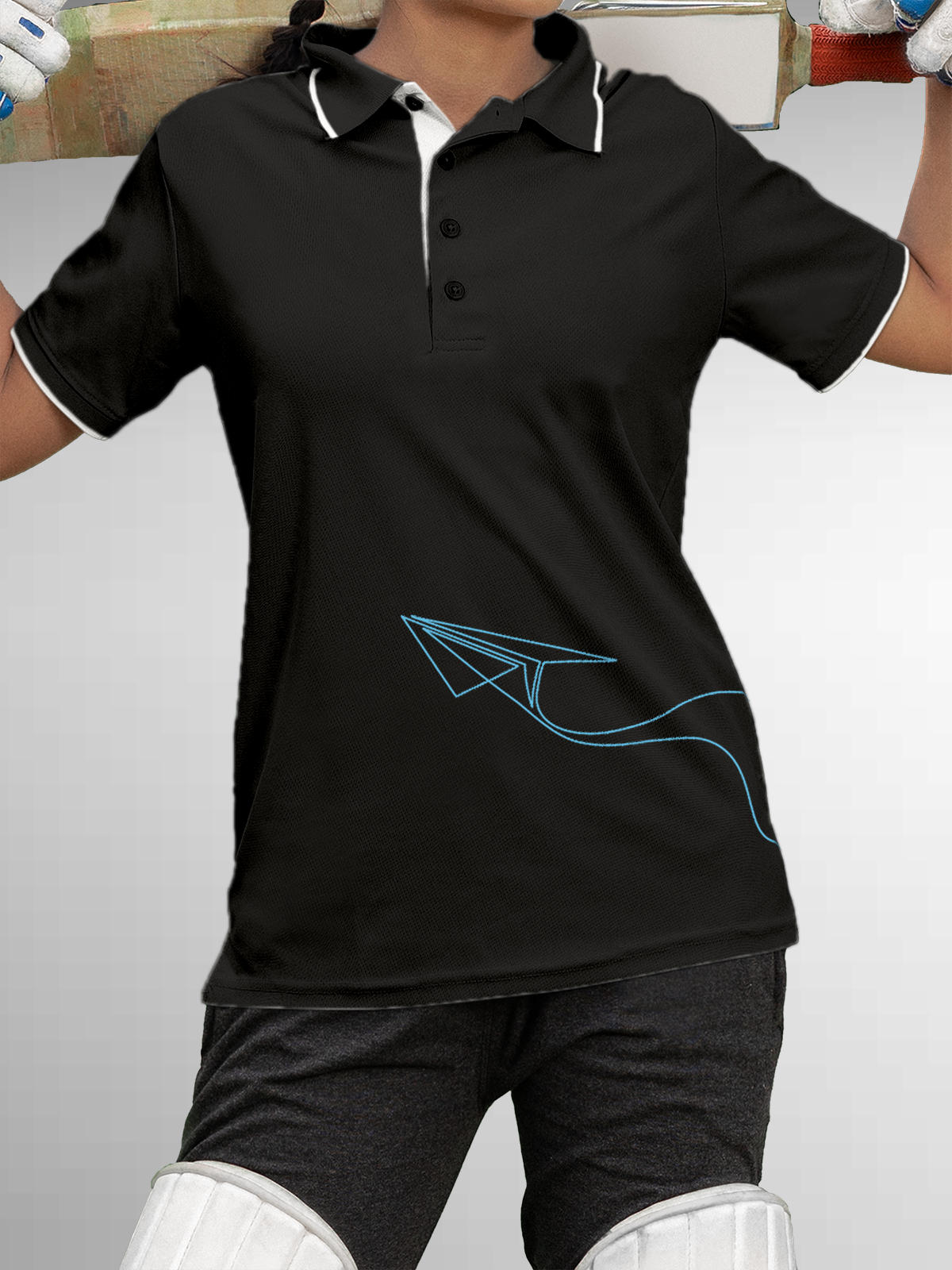 Model wearing Women's Dark Grey Polo T-shirt with 'Empowered' design, offering effortless style and premium comfort