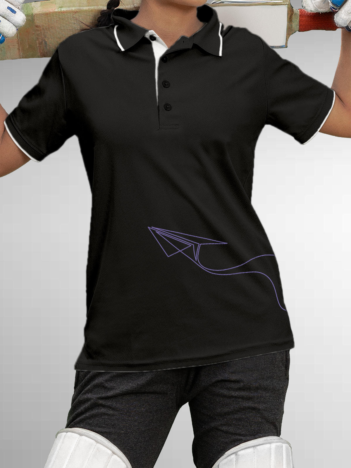 Model wearing Women's Dark Grey Polo T-shirt with 'Empowered' design, offering effortless style and premium comfort