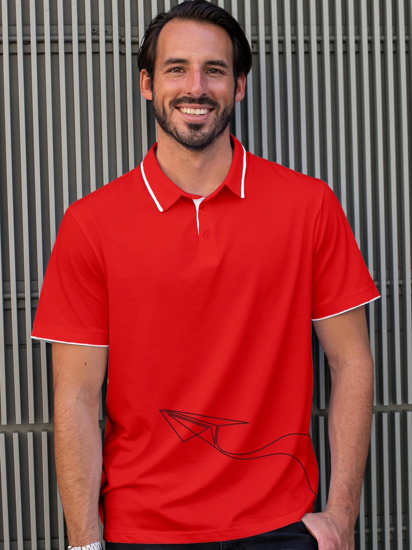 Model wearing Men's Red Polo T-shirt with 'Empowered' design, offering effortless style and premium comfort