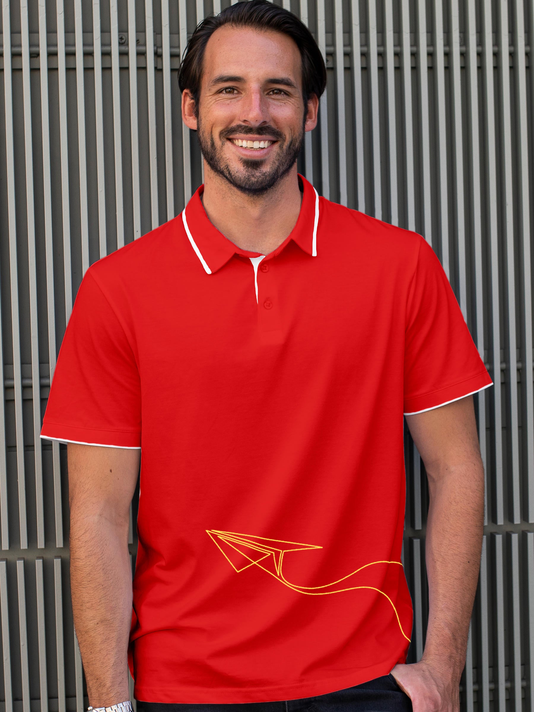 Model wearing Men's Red Polo T-shirt with 'Empowered' design, offering effortless style and premium comfort