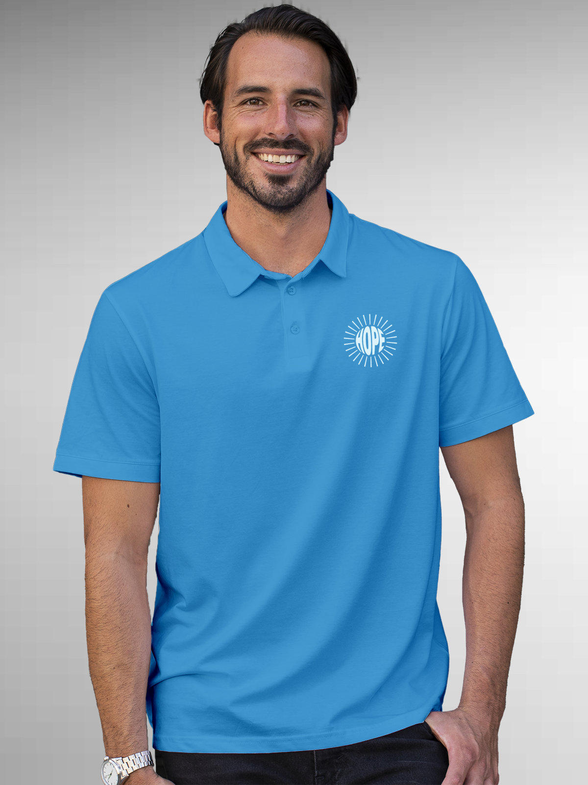 Model wearing Men's Blue Polo T-shirt with 'Hope' design, offering effortless style and premium comfort